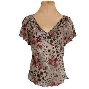 Papell Boutique 100% Silk Floral Animal‎ Print Faux Y2K Blouse Small